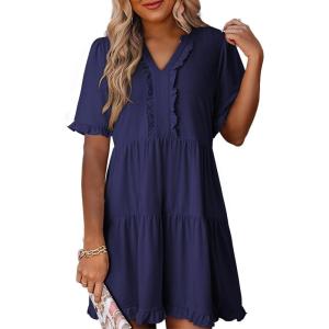imageDokotoo Womens Dresses 2025 Summer Spring V Neck Short Sleeve Casual A Line Flowy Swing Shift Dress Mini DressNavy Blue