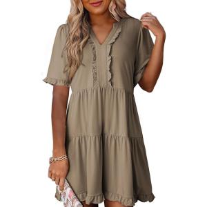 imageDokotoo Womens Dresses 2025 Summer Spring V Neck Short Sleeve Casual A Line Flowy Swing Shift Dress Mini DressPale Khaki