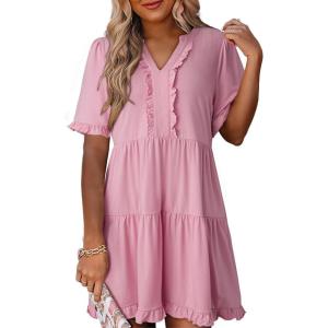 imageDokotoo Womens Dresses 2025 Summer Spring V Neck Short Sleeve Casual A Line Flowy Swing Shift Dress Mini DressPink