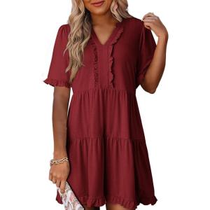 imageDokotoo Womens Dresses 2025 Summer Spring V Neck Short Sleeve Casual A Line Flowy Swing Shift Dress Mini DressRed Dahlia