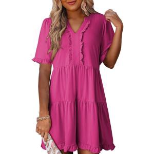 imageDokotoo Womens Dresses 2025 Summer Spring V Neck Short Sleeve Casual A Line Flowy Swing Shift Dress Mini DressRose Red