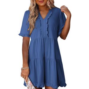 imageDokotoo Womens Dresses 2025 Summer Spring V Neck Short Sleeve Casual A Line Flowy Swing Shift Dress Mini DressSail Blue