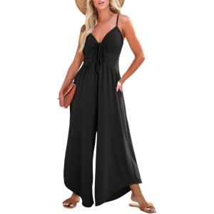 imageDokotoo Womens Jumpsuits Spaghetti Straps Ruched Drawstring Knit Wide Leg Romper Casual Jumpsuits with PocketsBlack