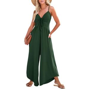 imageDokotoo Womens Jumpsuits Spaghetti Straps Ruched Drawstring Knit Wide Leg Romper Casual Jumpsuits with PocketsGreen