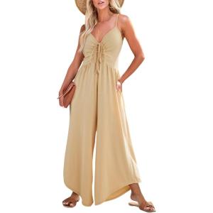 imageDokotoo Womens Jumpsuits Spaghetti Straps Ruched Drawstring Knit Wide Leg Romper Casual Jumpsuits with PocketsKhaki