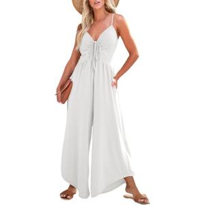 imageDokotoo Womens Jumpsuits Spaghetti Straps Ruched Drawstring Knit Wide Leg Romper Casual Jumpsuits with PocketsWhite