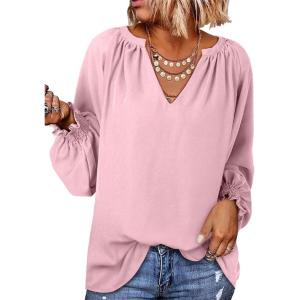 imageDokotoo Womens Long Sleeve Tops V Neck Shirts Dressy Casual Blouses Fall Outfits Trendy Clothes Clothes 2025Apricot Pink