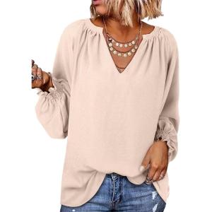 imageDokotoo Womens Long Sleeve Tops V Neck Shirts Dressy Casual Blouses Fall Outfits Trendy Clothes Clothes 2025Beige