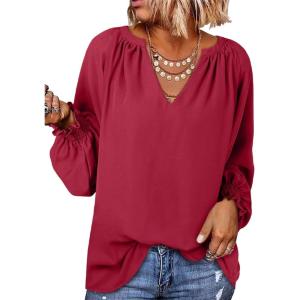 imageDokotoo Womens Long Sleeve Tops V Neck Shirts Dressy Casual Blouses Fall Outfits Trendy Clothes Clothes 2025Fiery Red