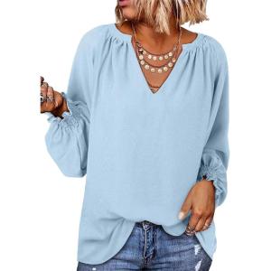 imageDokotoo Womens Long Sleeve Tops V Neck Shirts Dressy Casual Blouses Fall Outfits Trendy Clothes Clothes 2025Iceland Blue