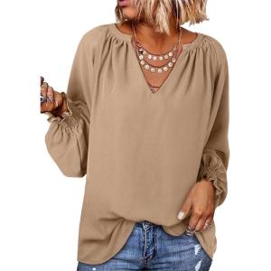 imageDokotoo Womens Long Sleeve Tops V Neck Shirts Dressy Casual Blouses Fall Outfits Trendy Clothes Clothes 2025Light French Beige