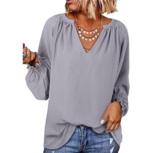 imageDokotoo Womens Long Sleeve Tops V Neck Shirts Dressy Casual Blouses Fall Outfits Trendy Clothes Clothes 2025Light Grey
