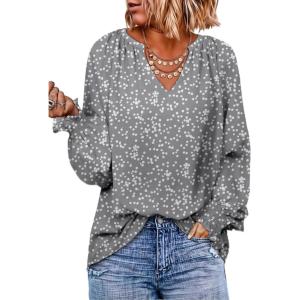 imageDokotoo Womens Long Sleeve Tops V Neck Shirts Dressy Casual Blouses Fall Outfits Trendy Clothes Clothes 2025Printgray