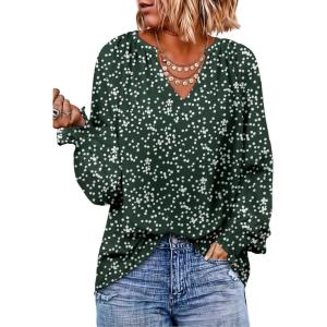 imageDokotoo Womens Long Sleeve Tops V Neck Shirts Dressy Casual Blouses Fall Outfits Trendy Clothes Clothes 2025Printgreen