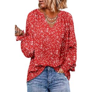 imageDokotoo Womens Long Sleeve Tops V Neck Shirts Dressy Casual Blouses Fall Outfits Trendy Clothes Clothes 2025Printred