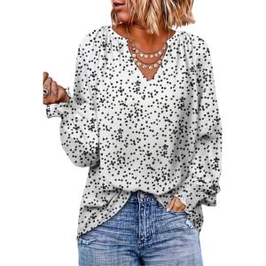 imageDokotoo Womens Long Sleeve Tops V Neck Shirts Dressy Casual Blouses Fall Outfits Trendy Clothes Clothes 2025Printwhite