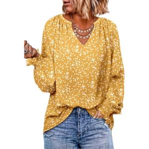 imageDokotoo Womens Long Sleeve Tops V Neck Shirts Dressy Casual Blouses Fall Outfits Trendy Clothes Clothes 2025Printyellow