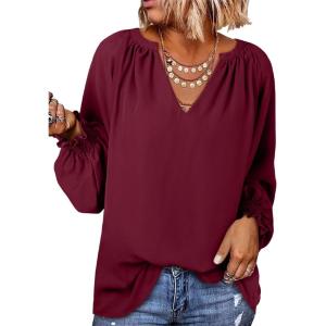 imageDokotoo Womens Long Sleeve Tops V Neck Shirts Dressy Casual Blouses Fall Outfits Trendy Clothes Clothes 2025Red