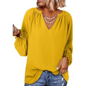 imageDokotoo Womens Long Sleeve Tops V Neck Shirts Dressy Casual Blouses Fall Outfits Trendy Clothes Clothes 2025Yellow Cream