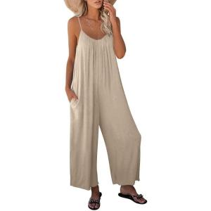 imageDokotoo Womens Loose Sleeveless Jumpsuits Adjustable Spaghetti Strap Stretchy Long Pant Romper Jumpsuit with PocketsA Apricot