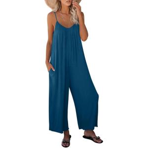 imageDokotoo Womens Loose Sleeveless Jumpsuits Adjustable Spaghetti Strap Stretchy Long Pant Romper Jumpsuit with PocketsA Lake Blue