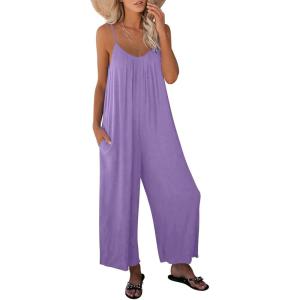 imageDokotoo Womens Loose Sleeveless Jumpsuits Adjustable Spaghetti Strap Stretchy Long Pant Romper Jumpsuit with PocketsA Purple