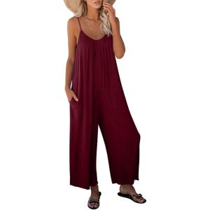imageDokotoo Womens Loose Sleeveless Jumpsuits Adjustable Spaghetti Strap Stretchy Long Pant Romper Jumpsuit with PocketsA Red