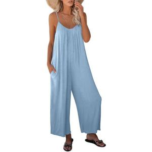 imageDokotoo Womens Loose Sleeveless Jumpsuits Adjustable Spaghetti Strap Stretchy Long Pant Romper Jumpsuit with PocketsA Sky Blue
