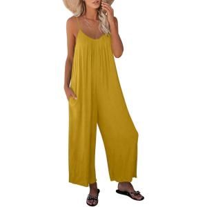 imageDokotoo Womens Loose Sleeveless Jumpsuits Adjustable Spaghetti Strap Stretchy Long Pant Romper Jumpsuit with PocketsA Yellow