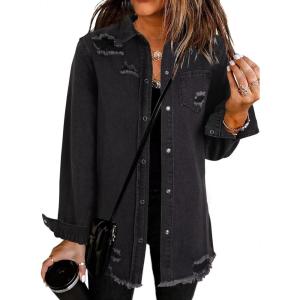 imageDokotoo Womens Oversized Denim Jacket Casual Long Sleeve Denim Shirts Distresse Jean Jacket Fall Outfits 2025A Black