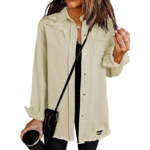 imageDokotoo Womens Oversized Denim Jacket Casual Long Sleeve Denim Shirts Distresse Jean Jacket Fall Outfits 2025A1 Apricot