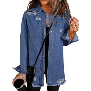 imageDokotoo Womens Oversized Denim Jacket Casual Long Sleeve Denim Shirts Distresse Jean Jacket Fall Outfits 2025A1 Blue