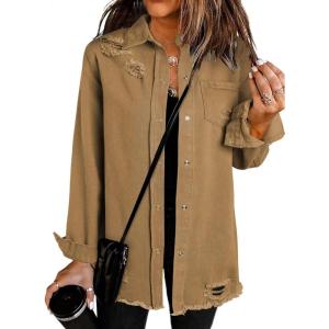 imageDokotoo Womens Oversized Denim Jacket Casual Long Sleeve Denim Shirts Distresse Jean Jacket Fall Outfits 2025A1 Brown