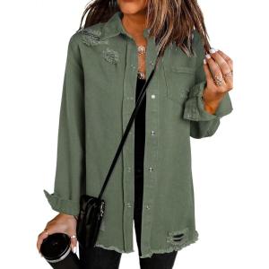 imageDokotoo Womens Oversized Denim Jacket Casual Long Sleeve Denim Shirts Distresse Jean Jacket Fall Outfits 2025A1 Green