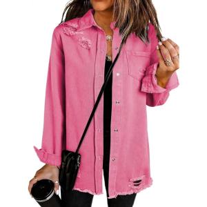 imageDokotoo Womens Oversized Denim Jacket Casual Long Sleeve Denim Shirts Distresse Jean Jacket Fall Outfits 2025A1 Rose