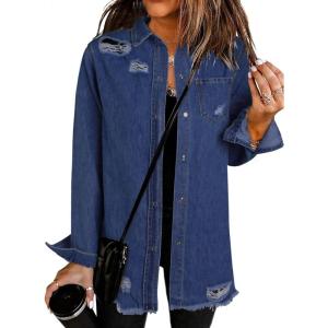 imageDokotoo Womens Oversized Denim Jacket Casual Long Sleeve Denim Shirts Distresse Jean Jacket Fall Outfits 2025A3 Blue