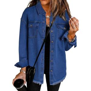 imageDokotoo Womens Oversized Denim Jacket Casual Long Sleeve Denim Shirts Distresse Jean Jacket Fall Outfits 2025B3 Blue