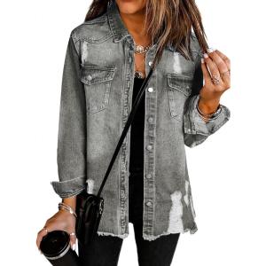 imageDokotoo Womens Oversized Denim Jacket Casual Long Sleeve Denim Shirts Distresse Jean Jacket Fall Outfits 2025C2 Grey