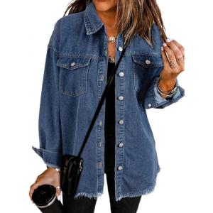 imageDokotoo Womens Oversized Denim Jacket Casual Long Sleeve Denim Shirts Distresse Jean Jacket Fall Outfits 2025S Blue