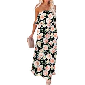 imageDokotoo Womens Strapless Dresses Casual Summer High Waist Side Split Flowy Boho Maxi DressBlack