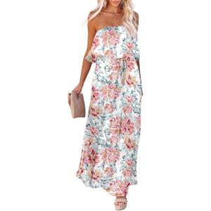 imageDokotoo Womens Strapless Dresses Casual Summer High Waist Side Split Flowy Boho Maxi DressMulticolor 1