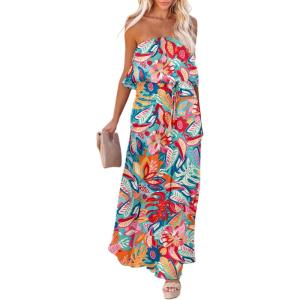 imageDokotoo Womens Strapless Dresses Casual Summer High Waist Side Split Flowy Boho Maxi DressMulticolor 3