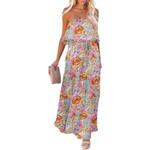 imageDokotoo Womens Strapless Dresses Casual Summer High Waist Side Split Flowy Boho Maxi DressMulticolor a