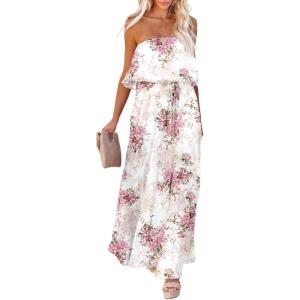 imageDokotoo Womens Strapless Dresses Casual Summer High Waist Side Split Flowy Boho Maxi DressPink