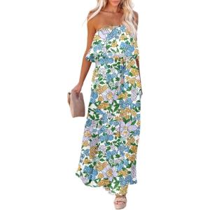 imageDokotoo Womens Strapless Dresses Casual Summer High Waist Side Split Flowy Boho Maxi DressSky Blue