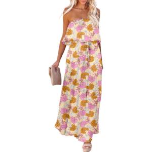 imageDokotoo Womens Strapless Dresses Casual Summer High Waist Side Split Flowy Boho Maxi DressYellow