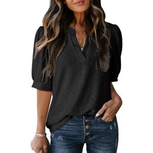 imageDokotoo Womens Summer Business Casual Blouses V Neck Short Sleeve Shirts Hollow Out Cute Lace TopsBlack