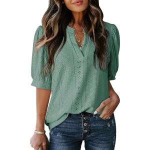 imageDokotoo Womens Summer Business Casual Blouses V Neck Short Sleeve Shirts Hollow Out Cute Lace TopsMist Green