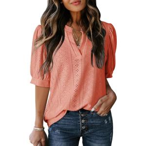 imageDokotoo Womens Summer Business Casual Blouses V Neck Short Sleeve Shirts Hollow Out Cute Lace TopsPale Chestnut