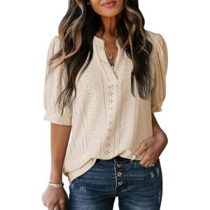 imageDokotoo Womens Summer Business Casual Blouses V Neck Short Sleeve Shirts Hollow Out Cute Lace TopsParchment
